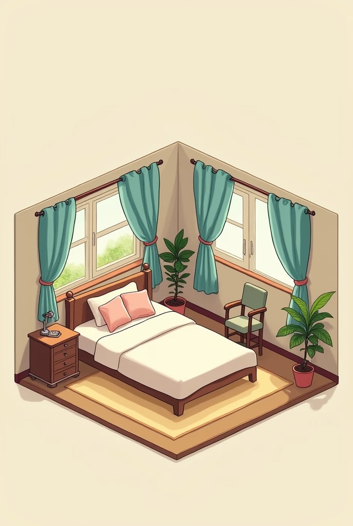 (masterpiece:1.2, Highest quality,Ultra-high resolution,Super detailed),8k,(wallpaper),(Best illustrations:2.0),(chibi bedroom : 2.0),(bedroom ,Very simple design),(isometric illustration) lofi, cozy, Studio ghibli style ,pastel tones, landscape
