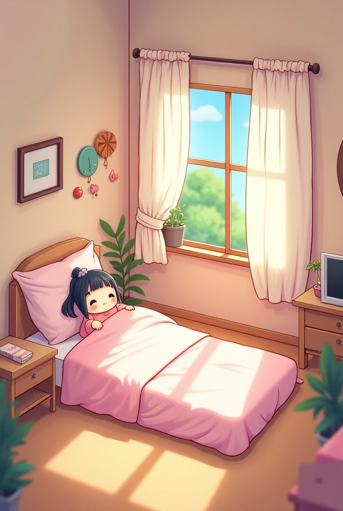 (masterpiece:1.2, Highest quality,Ultra-high resolution,Super detailed),8k,(wallpaper),(Best illustrations:2.0),(chibi bedroom : 2.0),(bedroom ,Very simple design),(isometric illustration) lofi, cozy, Studio ghibli style ,pastel tones, landscape