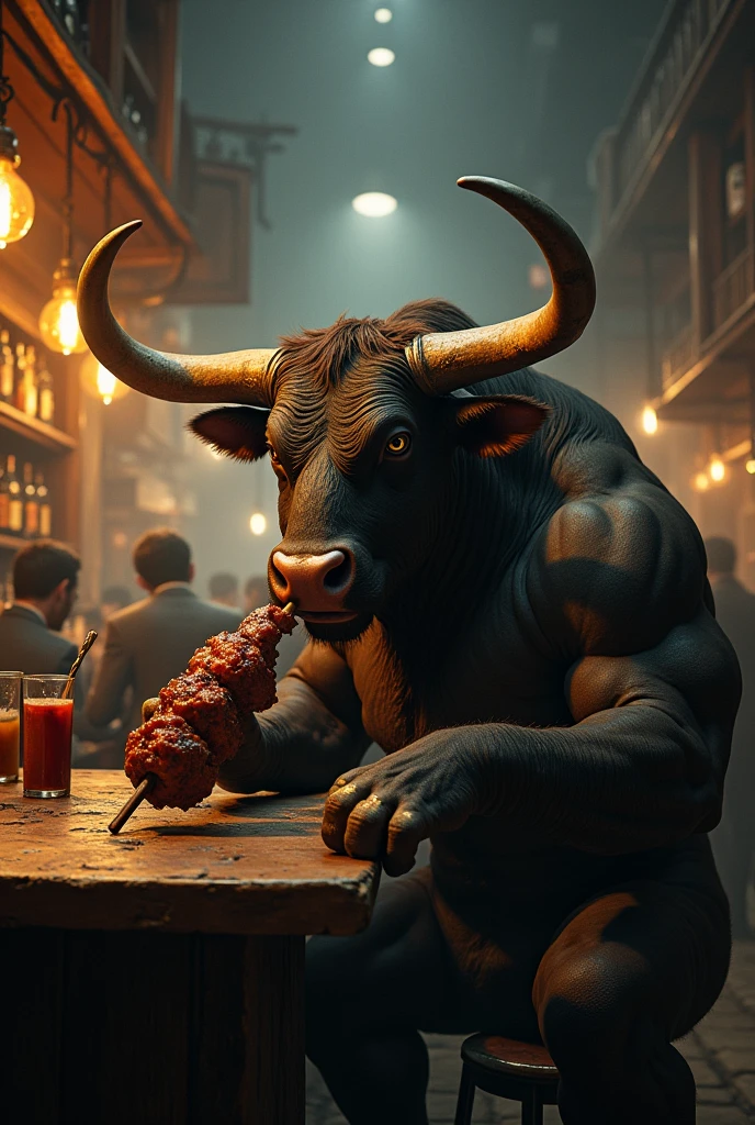 A tough bull sitting in a bar eating a skewer