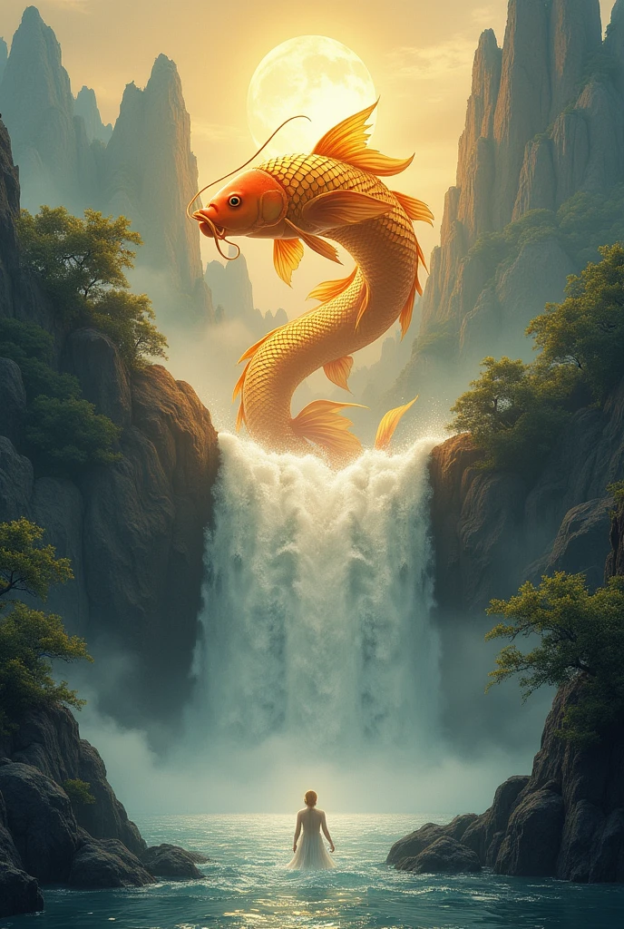 A dreamlike scene in which a golden carp, symbolizing a growing SME, climb a waterfall on the Yellow River, surrounded by majestic mountains. As the tent rises, transforms into a powerful golden dragon, symbolizing success and transcendence.