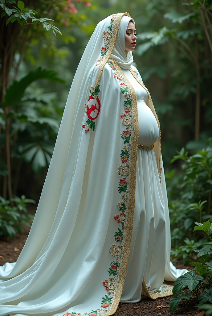 Woman, veiled, fat, wearing a white veil with the Algerian flag on it, detailed and trimmed in green, white and red, green nature background
