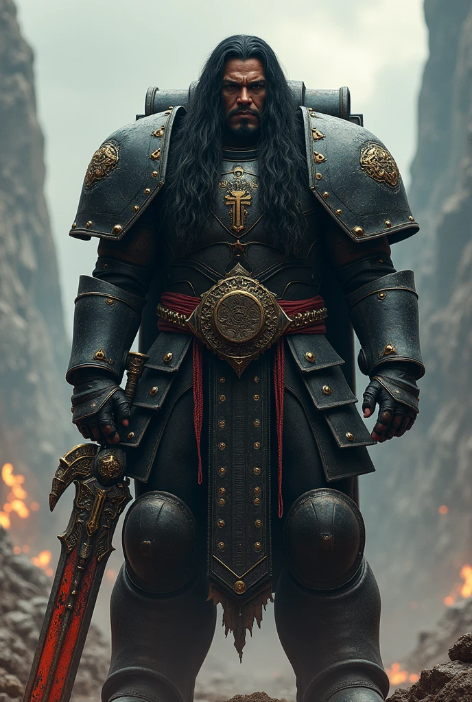 Man samoan long black hair space marine Warhammer 40k space wolves Black armor big sword