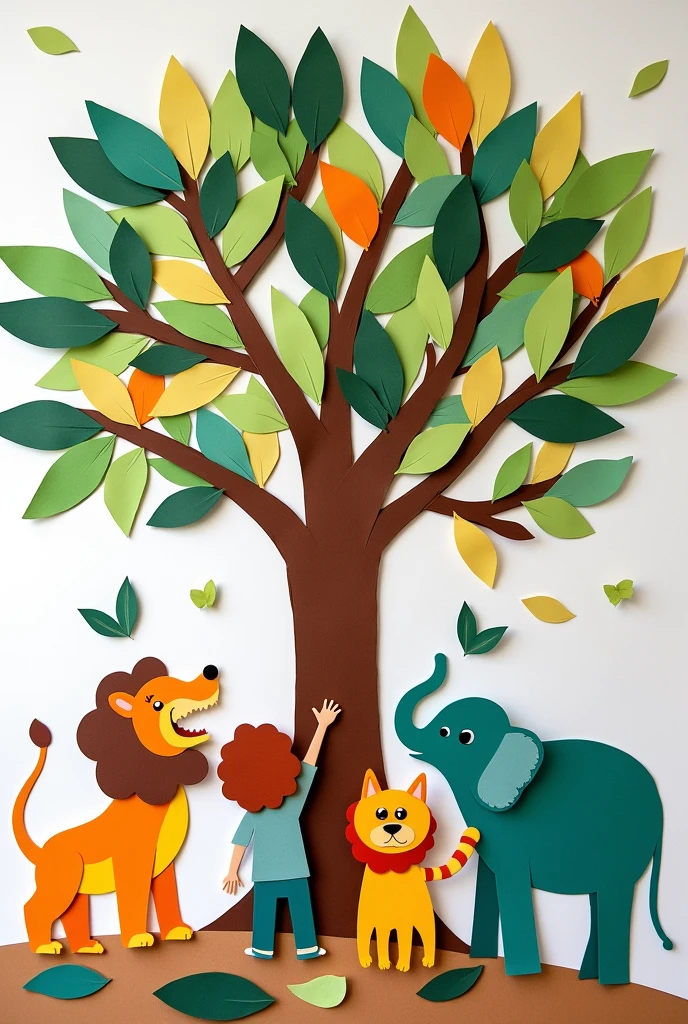 "A group of little children, between 4 and 6 years, creating a collage of your favorite animals by tearing colorful paper with just your hands. Children están alegremente rasgando papel para formar formas básicas de animales como leones, elephants and birds. The torn pieces are irregular and have a natural finish., reflecting creativity . Children trabajan sobre una gran hoja de papel, arranging her torn pieces into animal shapes, with glue and torn papers scattered around."
Ripped Activity 1: "The Torn Tree"
Description for ImagenFX: "Children aged 4 to 6 creating a large tree using the tearing technique. Children rasgan papeles de color marrón y verde con las manos para formar el tronco, the branches and leaves of the tree. The torn edges are irregular and give the tree a textured and natural appearance.. Children, excited, They place their pieces on a large sheet of paper, with glue sticks scattered around."