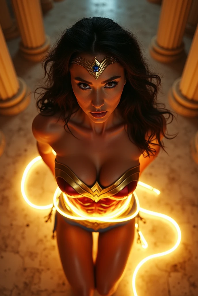 Wonder woman kneeling ties up naked with her golden lasso, the lasso is glowing a golden yellow, hands bound behind her back, high angle, fish eye lens, close up on face, beautiful, stunning, perfect eyes, glamour makeup, seductive, perky breasts, location is Ancient Greece, temple