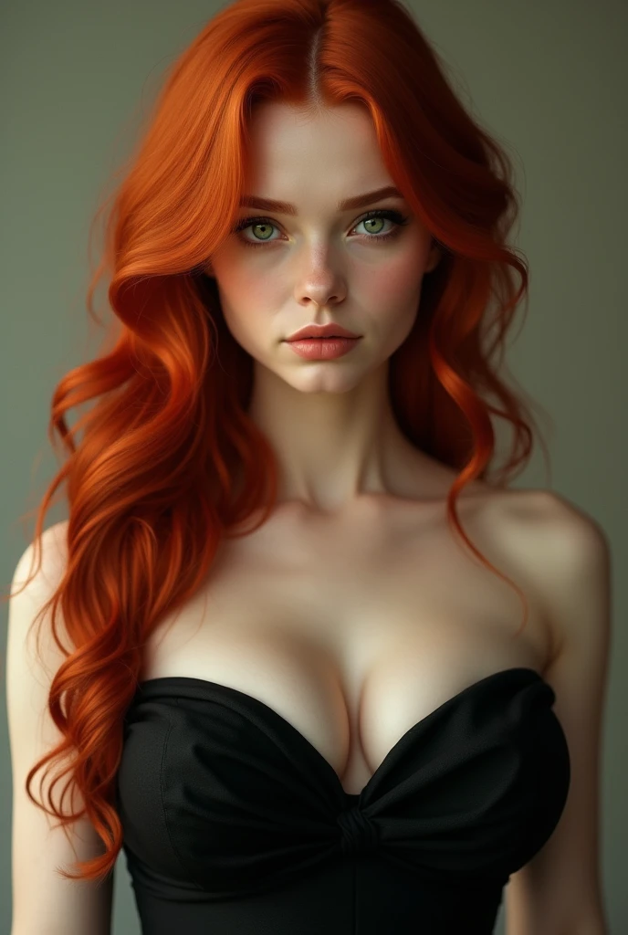 Create the image of a redhead woman with green eyes and big breasts wearing a black strapless dress