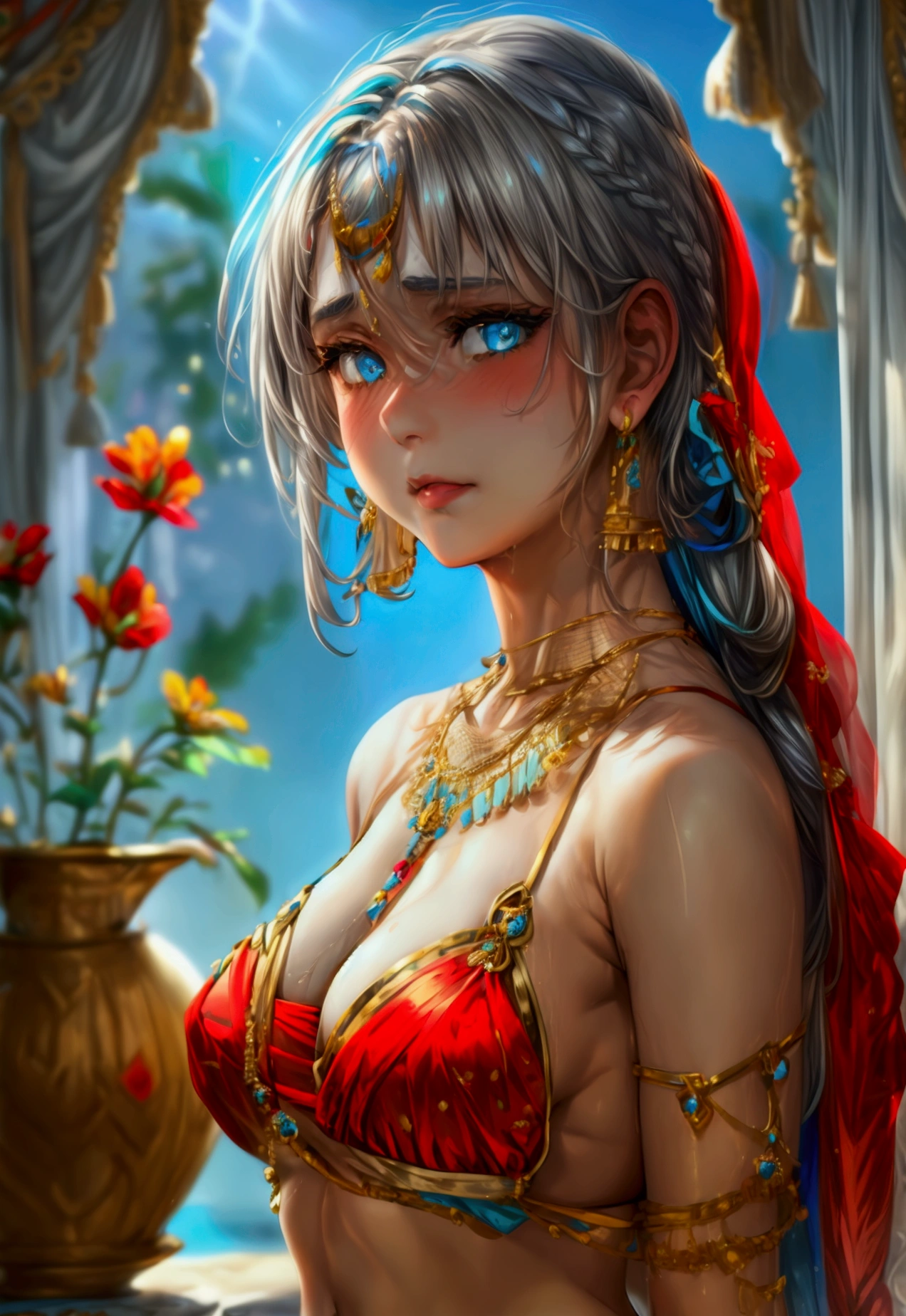1girl, breasts, jewelry, solo, blue indian saree, full body,alisa mikhailovna, (arms behind back), navel, grey hair, blue eyes, earrings, vase, bracelet, long hair, flower, midriff, looking at viewer, bare shoulders, cleavage, blouse, gold earrings, blush, red ribbon, hair ribbon,off shoulder, collarbone, blue saree, Alisa Mikhailovna Kujou,sari,Indian Saree,pallu