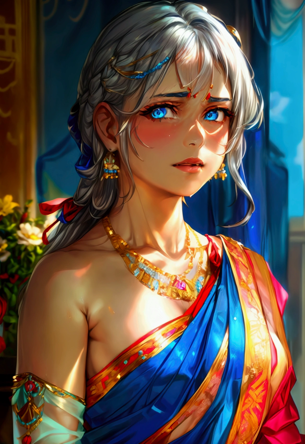 1girl, breasts, jewelry, solo, blue indian saree, full body,alisa mikhailovna, (arms behind back), navel, grey hair, blue eyes, earrings, vase, bracelet, long hair, flower, midriff, looking at viewer, bare shoulders, cleavage, blouse, gold earrings, blush, red ribbon, hair ribbon,off shoulder, collarbone, blue saree, Alisa Mikhailovna Kujou,sari,Indian Saree,pallu