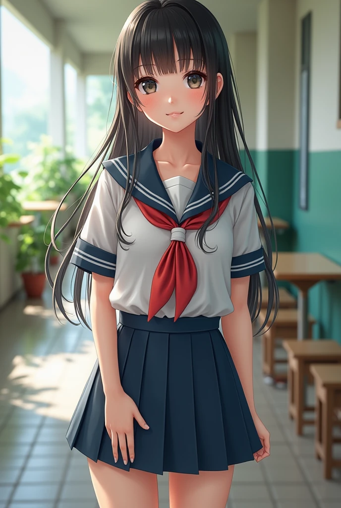 (8k), (Highest quality: 1.2), (Realistic), (Realistic: 1.37), Ultra-high resolution, 1 girl, cute, smile, Mouth closed, Beautiful details, Beautiful Nose, whole body, Wet Hair, school uniform, Thighs  