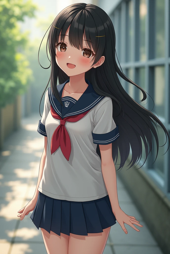 (8k), (Highest quality: 1.2), (Realistic), (Realistic: 1.37), Ultra-high resolution, 1 girl, cute, smile, Mouth closed, Beautiful details, Beautiful Nose, whole body, Wet Hair, school uniform, Thighs