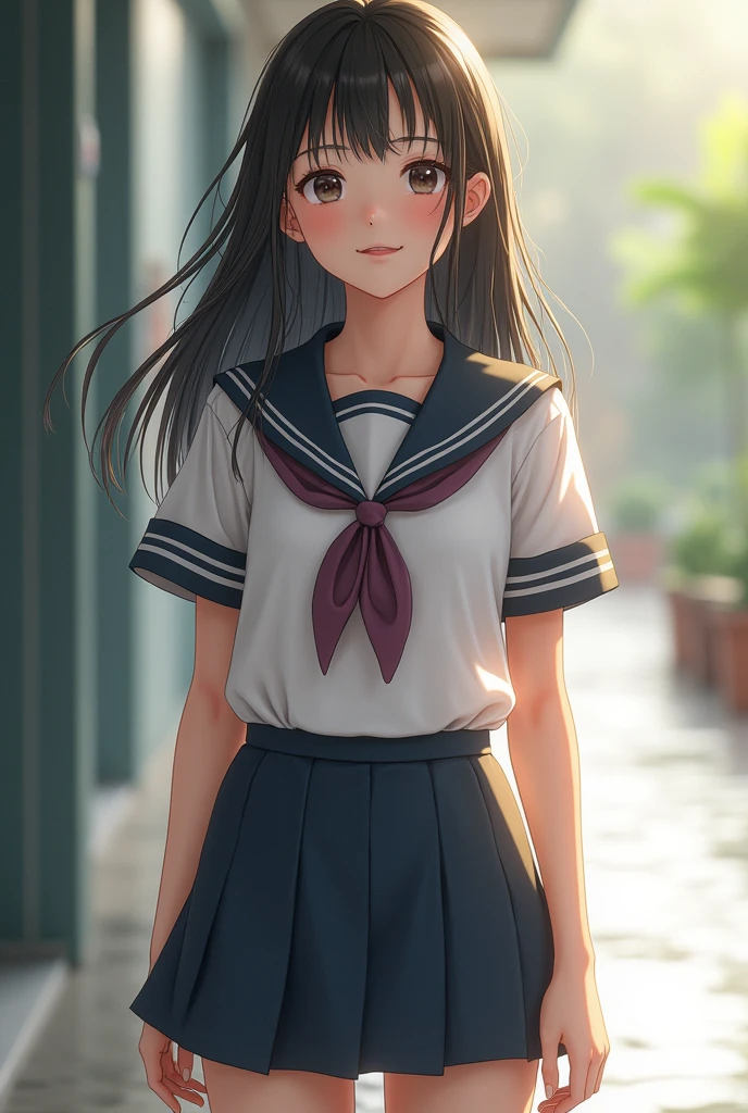 (8k), (Highest quality: 1.2), (Realistic), (Realistic: 1.37), Ultra-high resolution, 1 girl, cute, smile, Mouth closed, Beautiful details, Beautiful Nose, whole body, Wet Hair, school uniform, Thighs