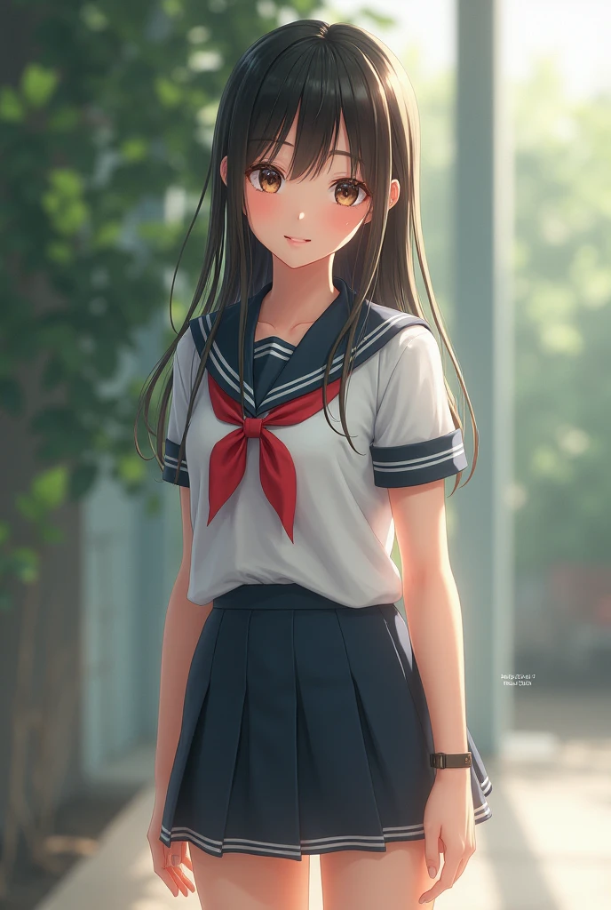 (8k), (Highest quality: 1.2), (Realistic), (Realistic: 1.37), Ultra-high resolution, 1 girl, cute, smile, Mouth closed, Beautiful details, Beautiful Nose, whole body, Wet Hair, school uniform, Thighs