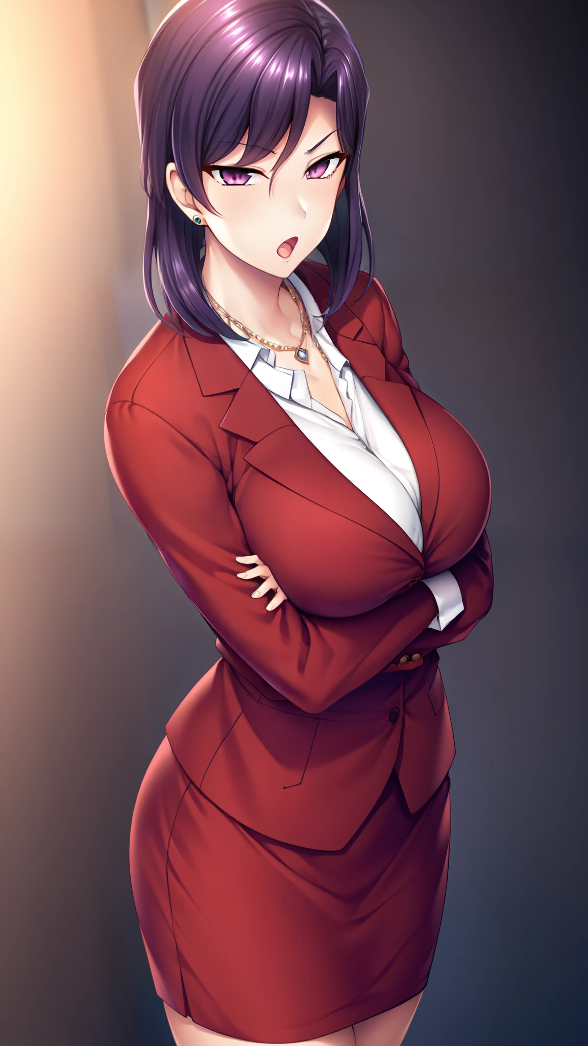 1girl,Oboro, mature female,purple hair, short hair, bangs, eyeshadow, low ponytail, lipstick, makeup, detailed face, red eyes,large breasts, black jacket, white shirt, teacher,suit skirt, cowboy shot