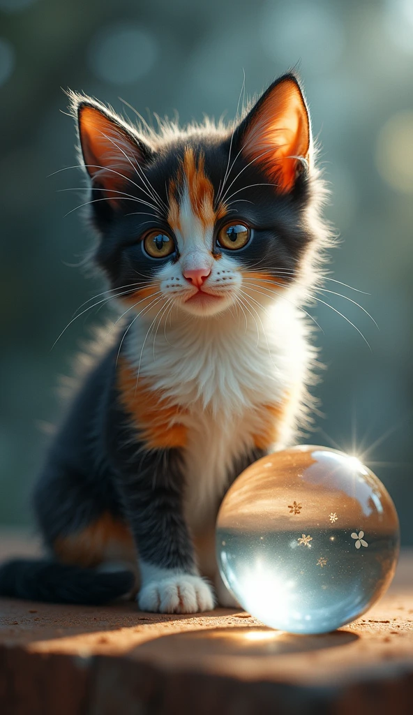 占いの水晶玉の横に三毛Catの子Catが座っていました,, Catのイラスト1匹, Ultra-realistic photos, 超Realistic illustrations, Surreal illustration, Cat. Realistic painting, author:Wayne England, Realistic illustrations, 超Realistic illustrations, Portraiture, Close-up portrait, Award-winning surrealism, author:Lisa Milloy, Galen Dala
