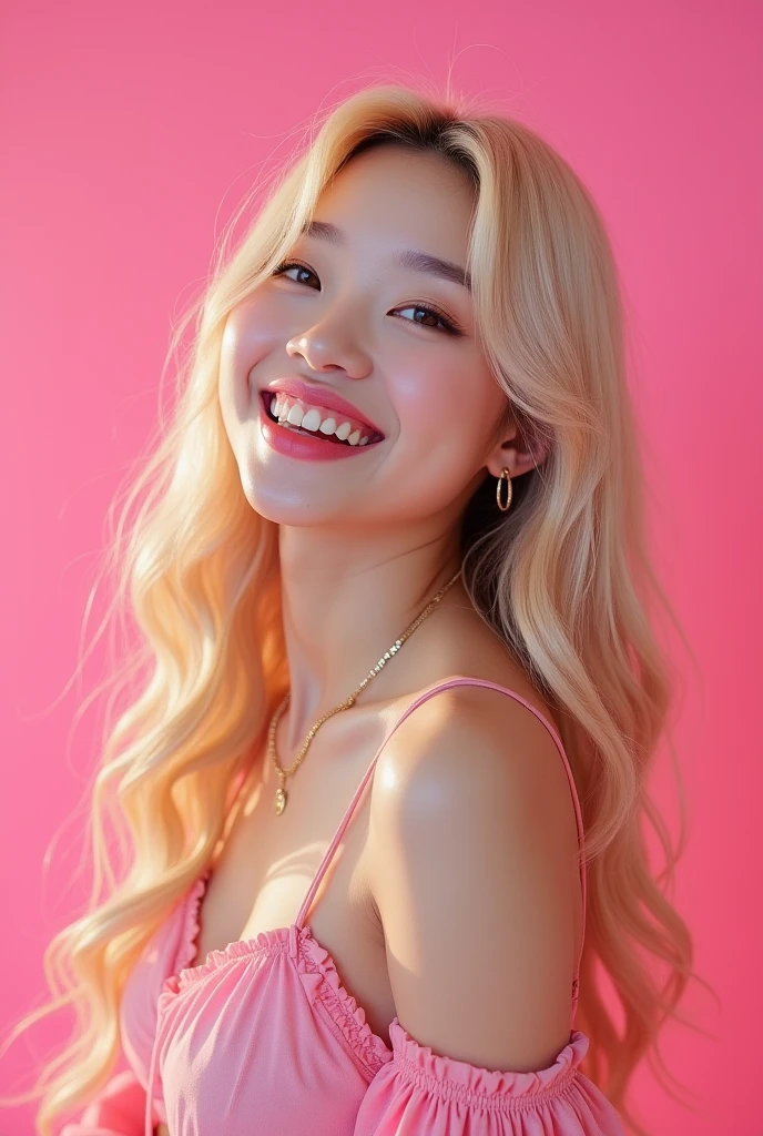 A blonde Korean girl, Grinning, adol is kpop, pink back ground, long hair, super realistico, looks like rose from black pink