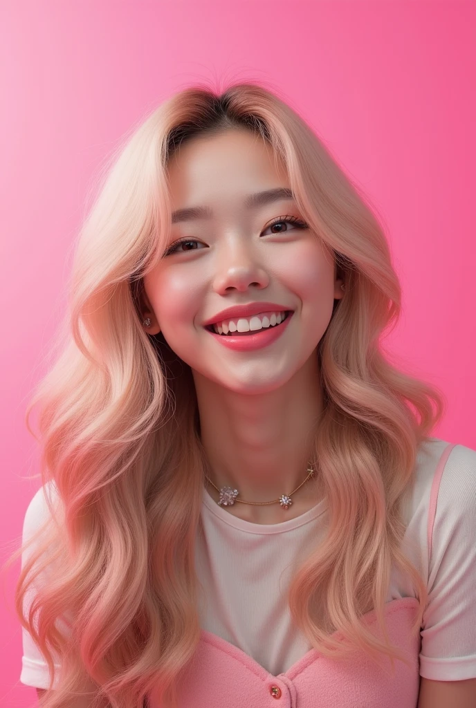 A blonde Korean girl, Grinning, adol is kpop, pink back ground, long hair, super realistico, looks like rose from black pink