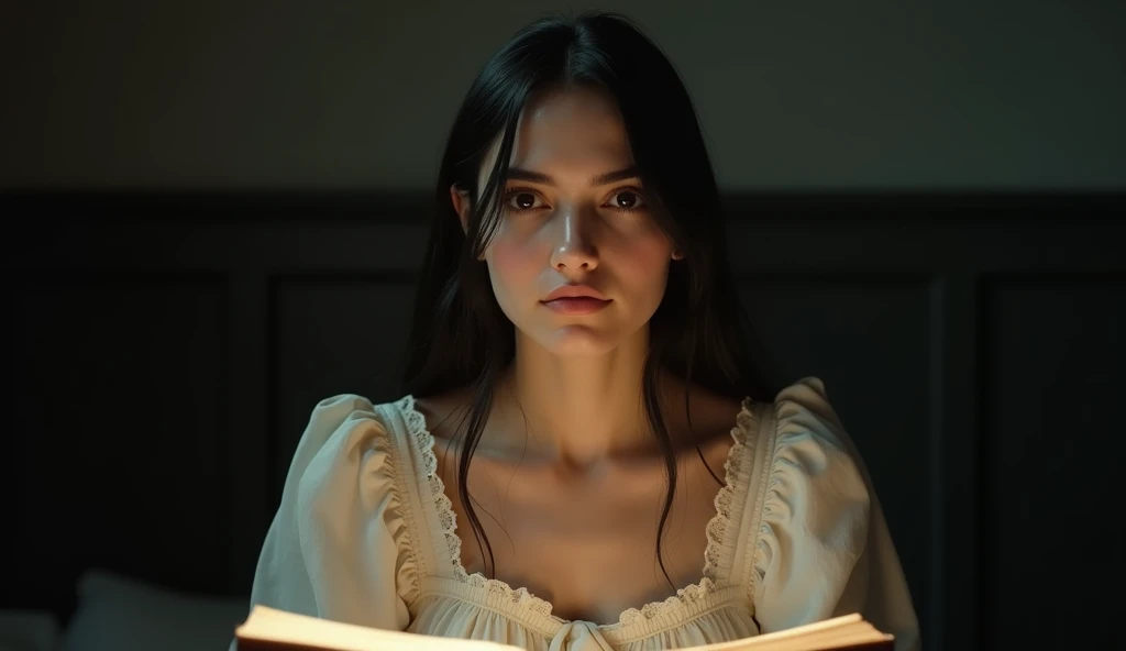 A highly cinematic photo featuring a young woman sitting in a chair, holding an open book. The woman has long, straight black hair that falls over her shoulders and back. She is wearing a white, loose-fitting dress with delicate white frills along the neckline, sleeves, and edges, which is tied at the waist with a ribbon. Underneath, she wears a white lacey top that is partially visible. The woman has light skin and large, expressive brown eyes, which are wide open in surprise or confusion. She is slightly turned towards the viewer, with her gaze directed upwards, and her mouth slightly open, as if caught mid-sentence. The background is dimly lit with warm lighting, with a dark wall and paneling, creating a contrast with her light-colored clothing and skin. The book in her hands is opened.