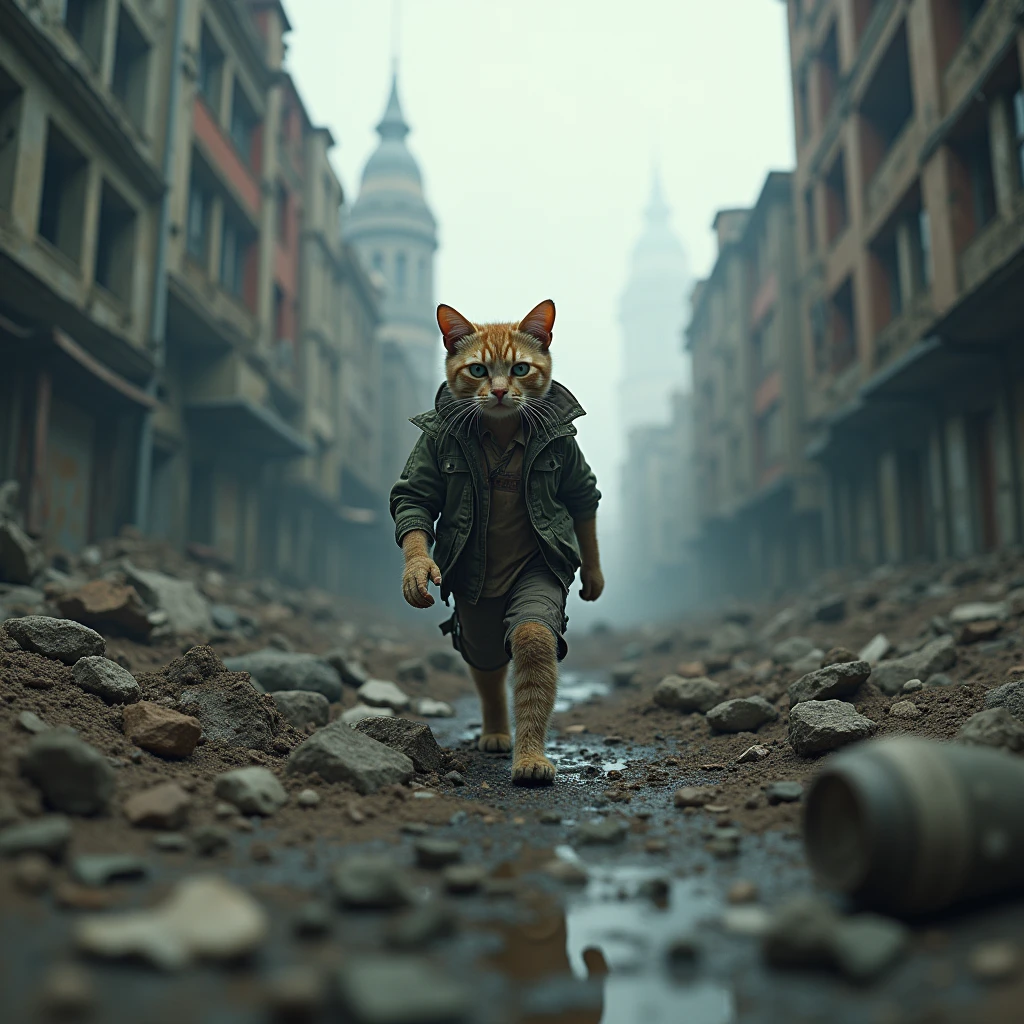 A survivor ((cat)) in human clothes walks through a destroyed city, post-apocalyptic, S.T.A.L.K.E.R, hyper detailed, hyper realism, 8K