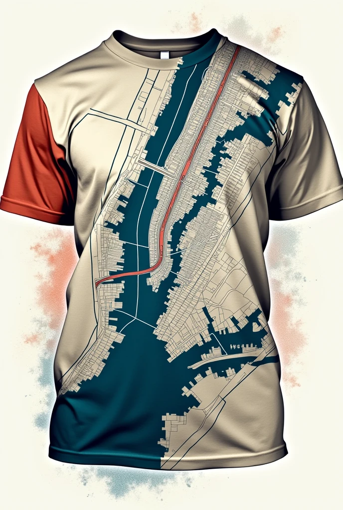 Show me a design for t shirt. In my design there will be new york map with a unique line. The design should be very unique and beautiful. T shirt design