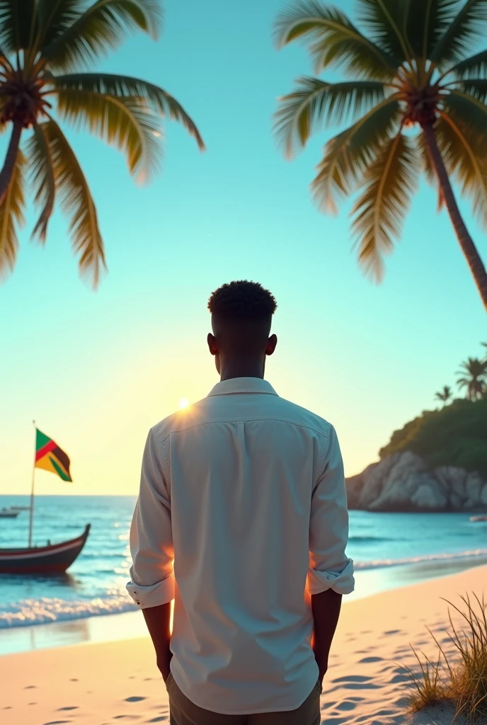 A young black man in a white shirt rolled up at the sleeves, is on the beach standing looking at the sunrise towards the sea. The flag of Mozambique is raised on the boat and there are palm trees all around and the waves of the sea move loudly., its clear and resplendent blue in a realistic and cinematic setting with an extended coastline and along the coast are palm trees, the color of the sand is white and small tree branches on the ground.