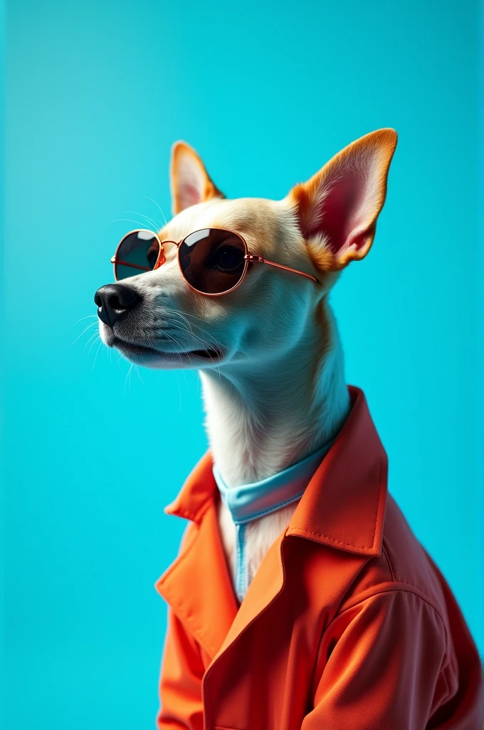 The best cell phone wallpaper, Award-Winning Wallpaper, portrait photography, In the front view is a portrait of a cute dog wearing mid-1960s space age fashion, Side view photo, Shot with Canon EOS R5, Set a strong contrast that accentuates the subject, Fluorescent blue tone, Wearing a very modern coat and sunglasses is a modern 1960s style, Clothes all in one color, beautiful background