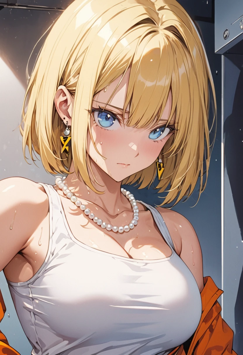 masterpiece, Highest quality, High resolution, (Artificial Human Room No. 18),1990s \(style\),(E-cup beautiful breasts)、height: 170cm,Sweating all over the body、Muscular、((sexy))、(Browsing Caution),独奏,Anime-style painting style, Blonde, blue eyes, Orange karate uniform,Pearl_necklace, bracelet, short hair, Earrings,Composition focusing on the upper body,(Cool face)、(Pointed Eyes)