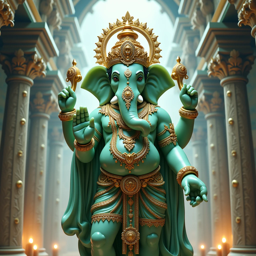 Large and tall Statue of Lord Ganesha Made of shiny Jade, Adorned with Jewels and golden ornaments in a majestic and heavenly templeMasterpiece, Quality, High Details, Super Detailed, UHD, Best Quality, Award Winning, High Resolution, 