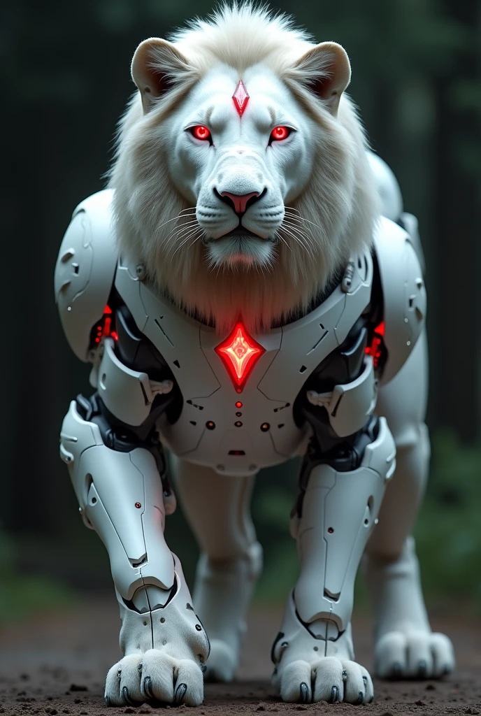 White lion with robotic structure and red eyes and red dimond