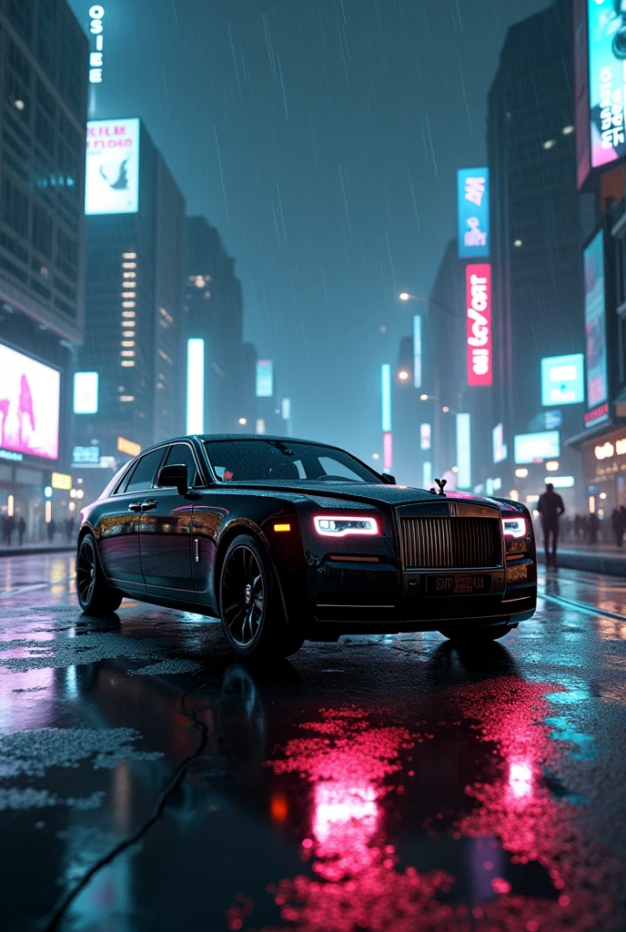 Rolls-Royce parking cyber pank City at night rainy raod and