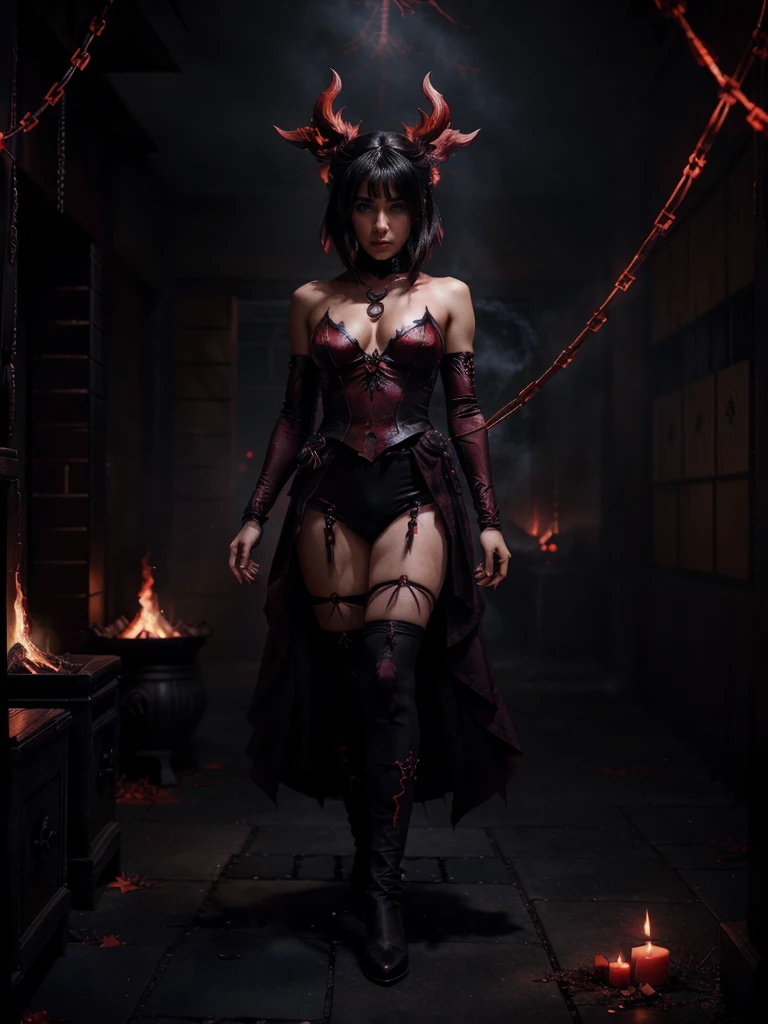 (Anime-style:1.3), (Dark and intense:1.2), A striking anime character, shrouded in shadows and poised for battle, stands against a deep crimson background adorned with menacing chains. Glowing red hollow fire particles dance around the scene, creating an otherworldly ambiance. The unique pastel look adds an ethereal touch to this dramatic and visually intense composition.