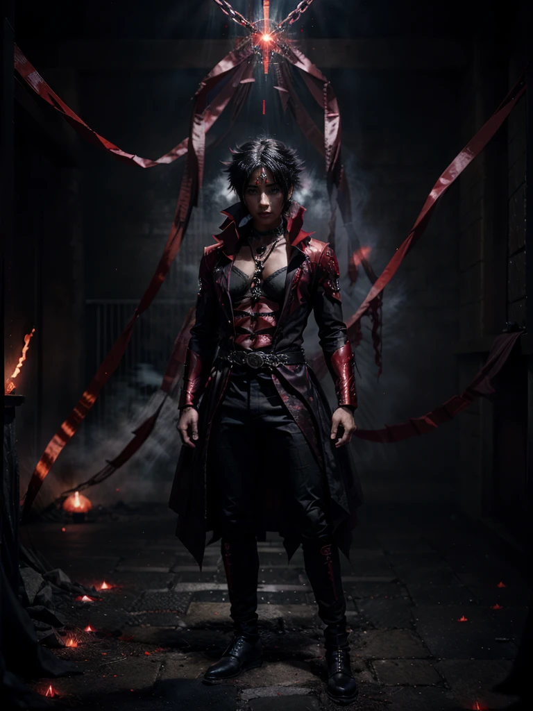 (Anime-style:1.3), (Dark and intense:1.2), A striking anime character, shrouded in shadows and poised for battle, stands against a deep crimson background adorned with menacing chains. Glowing red hollow fire particles dance around the scene, creating an otherworldly ambiance. The unique pastel look adds an ethereal touch to this dramatic and visually intense composition.
