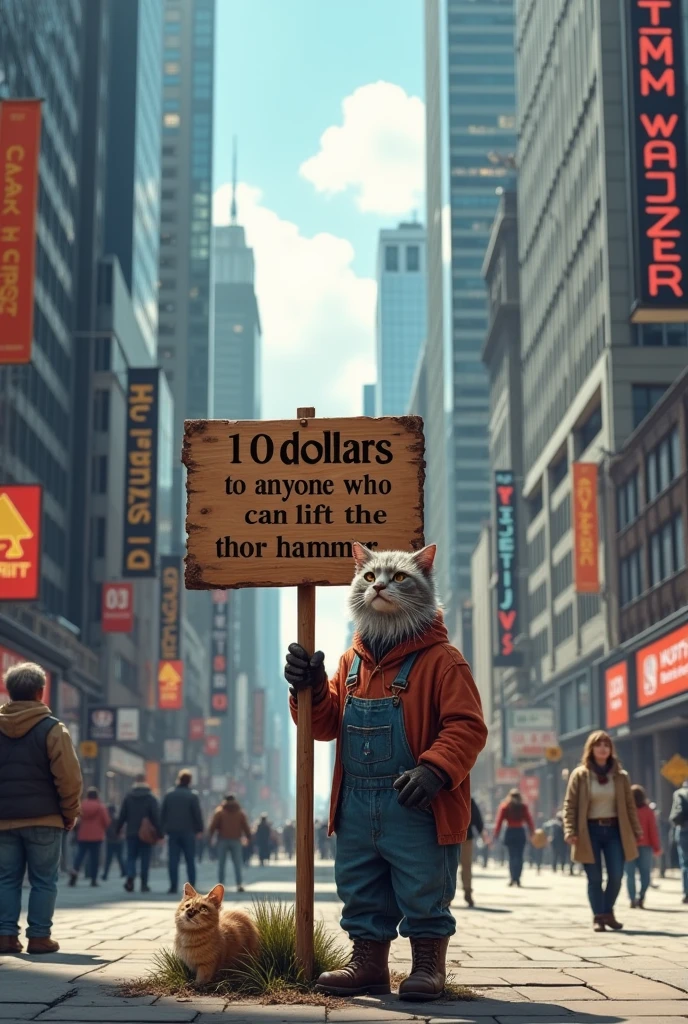 **Scene 4: Catfarmer Posts a Reward Sign**
- The Catfarmer puts up a wooden sign in the middle of a busy city offering "10 dollars to anyone who can lift the Thor hammer". The city looks modern with tall buildings and bustling streets.