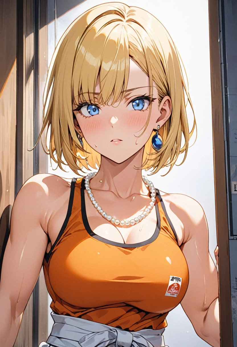 masterpiece, Highest quality, High resolution, (Artificial Human Room No. 18),1990s \(style\),(E-cup beautiful breasts)、height: 170cm,Sweating all over the body、Muscular、((sexy))、(Browsing Caution),独奏,Anime-style painting style, Blonde, blue eyes, Orange karate uniform,Pearl_necklace, bracelet, short hair, Earrings,Composition focusing on the upper body,(Cool face)、(Pointed Eyes)