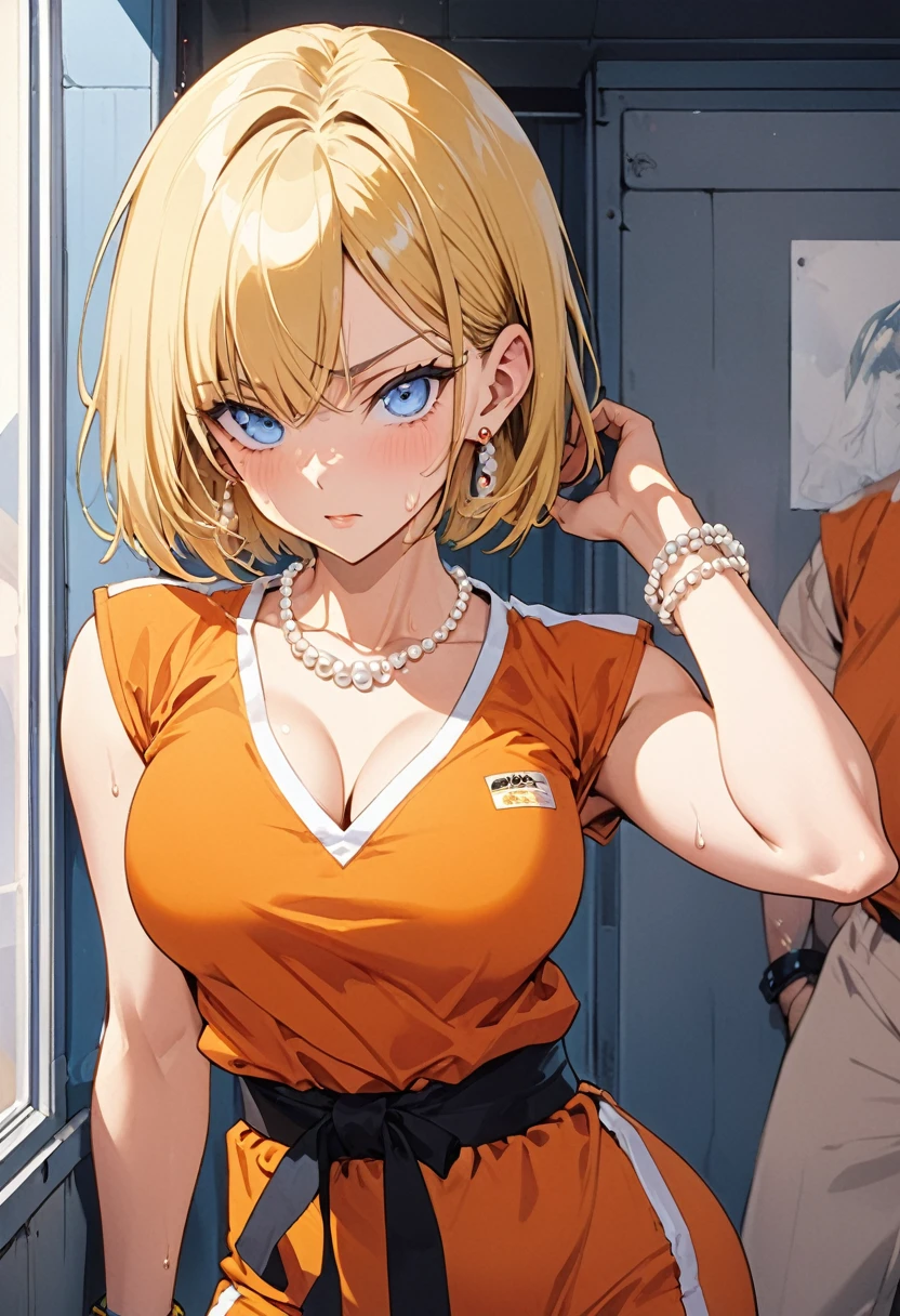 masterpiece, Highest quality, High resolution, (Artificial Human Room No. 18),1990s \(style\),(E-cup beautiful breasts)、height: 170cm,Sweating all over the body、Muscular、((sexy))、(Browsing Caution),独奏,Anime-style painting style, Blonde, blue eyes, Orange karate uniform,Pearl_necklace, bracelet, short hair, Earrings,Composition focusing on the upper body,(Cool face)、(Pointed Eyes)