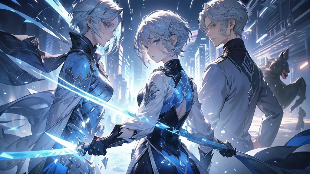 Silver hair short cut、Ability to predict the future Appearance: Silver short hair、Cold blue eyes、Stylish Armor Abilities: Predict the future、Takes the initiative in battle: Cool and calm、It takes time to trust people Background: Raised as the guardian of the future city，There is a black cat nearby