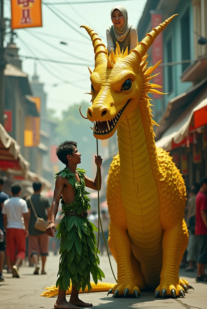 realistic photography, a young Indonesian man wearing clothes made of leaves pulls a rope tied to the neck of a large yellow dragon, above him riding the dragon is a young woman wearing a hijab wearing clothes made of leaves. busy street atmosphere. like there's a carnival. smile