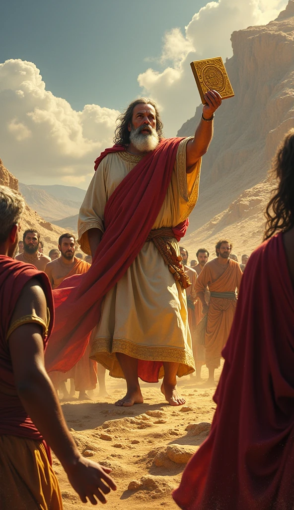 Moses Descends from Mount Sinai Description: Moses comes down from Mount Sinai with the Tablets of the Law and sees what is happening. Show your reaction of shock and anger.
imagery: Moses with the tablets, the vision of the golden calf and the worship.