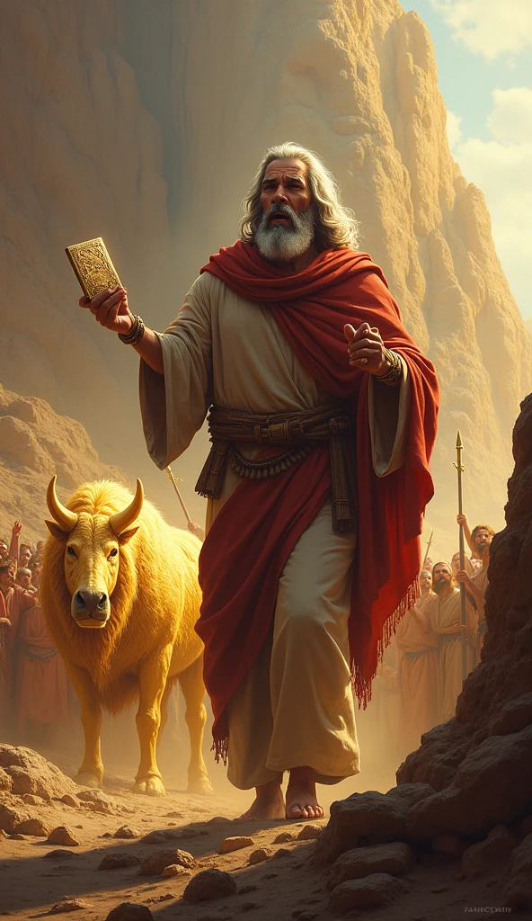 Moses Descends from Mount Sinai Description: Moses comes down from Mount Sinai with the Tablets of the Law and sees what is happening. Show your reaction of shock and anger.
imagery: Moses with the tablets, the vision of the golden calf and the worship.