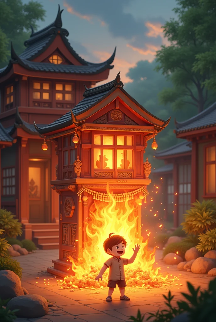 A young boy is having fun burning a spirit house like in an anime.