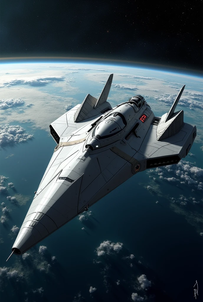 Create an image of a spaceship with a futuristic design close to Earth