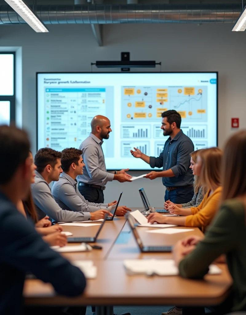 A professional and realistic image depicting professional development and career growth opportunities at a fulfillment center. The scene features a diverse group of employees participating in a training session or workshop within a modern, well-equipped meeting room. Some employees are engaged in learning activities, while others are receiving certificates or recognition for their achievements. Visual elements include charts or presentations on career pathways, skill development, and promotion opportunities. The atmosphere is dynamic and supportive, highlighting the company's commitment to fostering employee growth and career advancement within the organization.