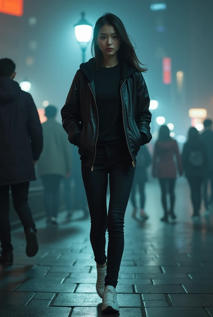 Young skinny Asian woman with neat long hair combed side, wearing black tshirt, leather jacket bomber with hoodie, black jeans and white sneakers. Walking on sidewalk, dramatical street lamp light, with misterious misty night cityscape, other Pedestrian is walk by at the distance. Other Pedestrians move make a motion blur effect, but high detail on main subject