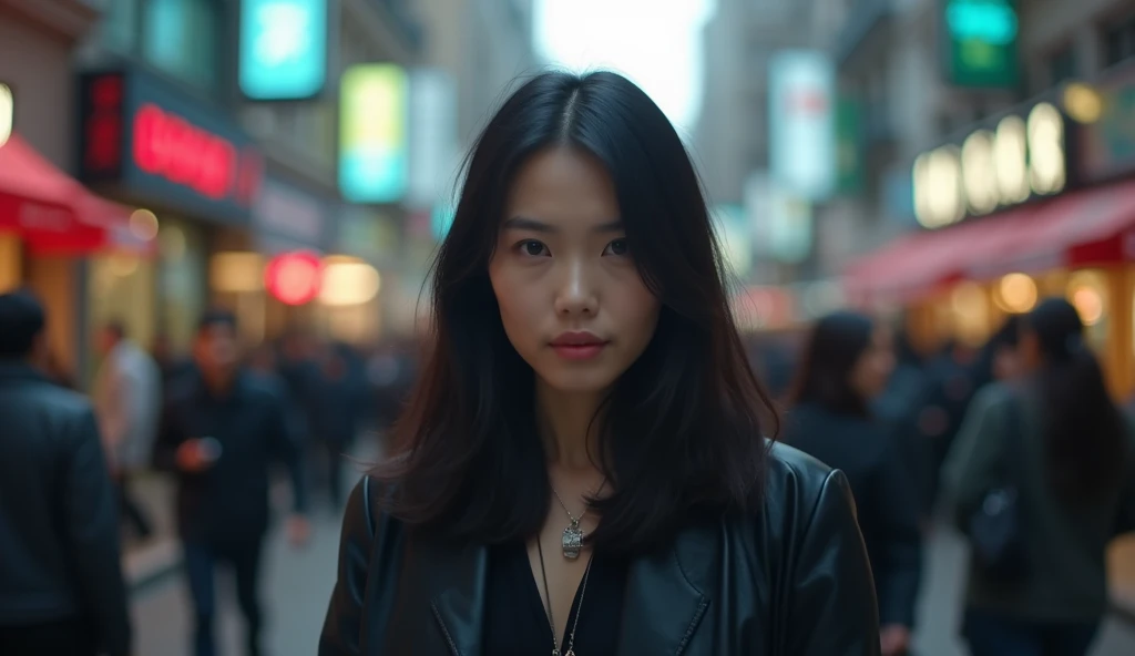 (masterpiece, best quality:1.2), (crowded, busy street:1.3), (woman walking confidently, sharp focus:1.3), (black hair, straight:1.3), (blurred people, background noise and distractions:1.2), (calm, resolute expression:1.3), (purposeful movement, unfazed by surroundings:1.3), (glowing smartphone screens, soft diffused city lights:1.2), (low-angle shot, emphasizing strength and determination:1.3), (8K, ultra-detailed, hyper-detailed, RAW photo quality, Unreal Engine rendering:1.3)
