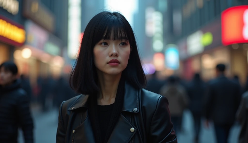 (masterpiece, best quality:1.2), (crowded, busy street:1.3), (woman walking confidently, sharp focus:1.3), (black hair, straight:1.3), (blurred people, background noise and distractions:1.2), (calm, resolute expression:1.3), (purposeful movement, unfazed by surroundings:1.3), (glowing smartphone screens, soft diffused city lights:1.2), (low-angle shot, emphasizing strength and determination:1.3), (8K, ultra-detailed, hyper-detailed, RAW photo quality, Unreal Engine rendering:1.3)
