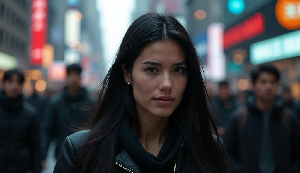 (masterpiece, best quality:1.2), (crowded, busy street:1.3), (woman walking confidently, sharp focus:1.3), (black hair, straight:1.3), (blurred people, background noise and distractions:1.2), (calm, resolute expression:1.3), (purposeful movement, unfazed by surroundings:1.3), (glowing smartphone screens, soft diffused city lights:1.2), (low-angle shot, emphasizing strength and determination:1.3), (8K, ultra-detailed, hyper-detailed, RAW photo quality, Unreal Engine rendering:1.3)