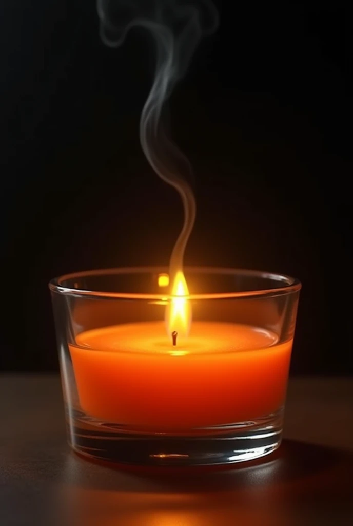A low, wide glass container with bright orange wax inside, similar to the one in the provided image. The candle is now extinguished, with the wick still releasing a small trail of smoke. The wax appears semi-melted and the glass container is transparent, showcasing the vivid orange wax. The background remains dark, creating a stark contrast that emphasizes the warmth of the wax's glow and the subtle smoke rising from the extinguished wick."