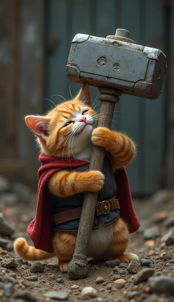 Scene 3: Catfarmer Tries to Lift ThorHammer**
- Catfarmer struggling to lift the Thorhammer, using all his strength. His face shows frustration, with his tiny paws gripping the Thorhammer. The Thorhammer remains unmoved.