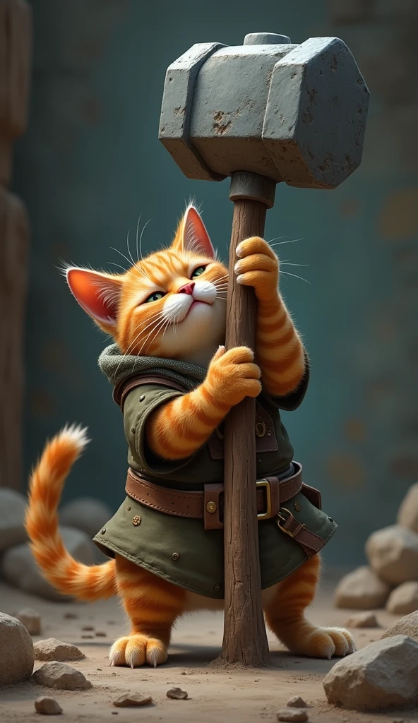 Scene 3: Catfarmer Tries to Lift ThorHammer**
- Catfarmer struggling to lift the Thorhammer, using all his strength. His face shows frustration, with his tiny paws gripping the Thorhammer. The Thorhammer remains unmoved.