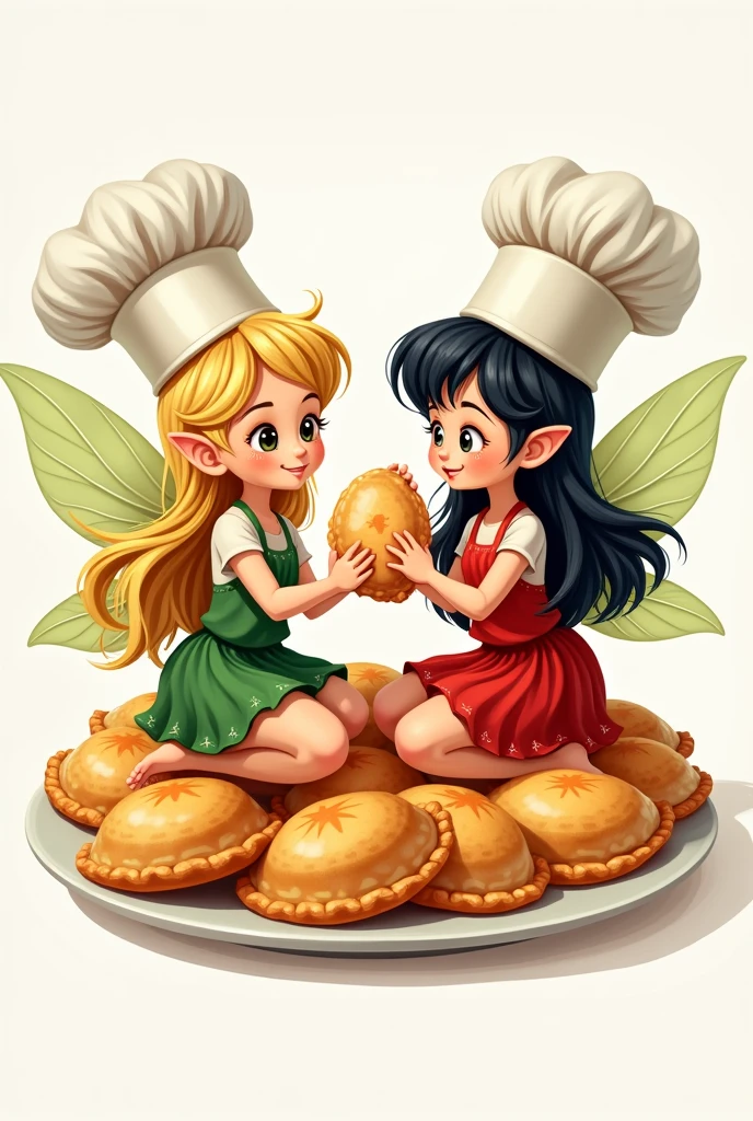 You made me an image for a logo of two fairies with two cooking hats, both fairies, and they are sitting on a plate of empanadas and they are passing one empanada to the other (that one fairy has blonde hair and the other has black hair) One had a green dress and the other a red one.
