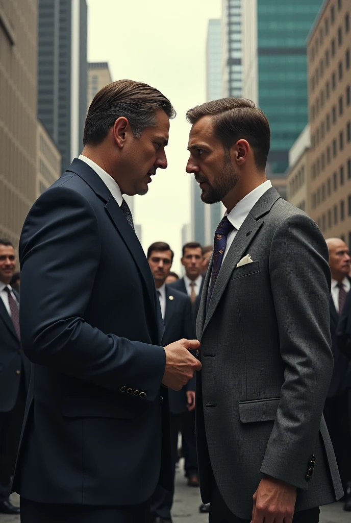"A rich man tried to bully a ordinary man, thinking it would make him feel strong. Instead, he ended up pushing away his friends, learning too late that true strength comes from kindness, not cruelty."
Image should represent the above story.