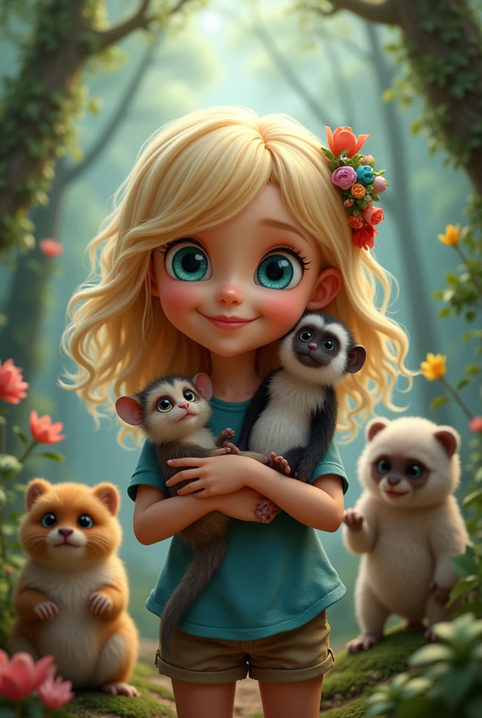 create a blonde girl with blue eyes, holding a baby chinchilla and a koala clinging to her shoulder, with several animals around her including many birds, in a forest, as if it were a photo, hair with highlights, blue eyes, wide eyes, smile, smiley, cheek to cheek, streaked hair, aqua eyes, grin, smiley, cheek-to-cheek, perspective, blind box toy style, perspective, textured skin